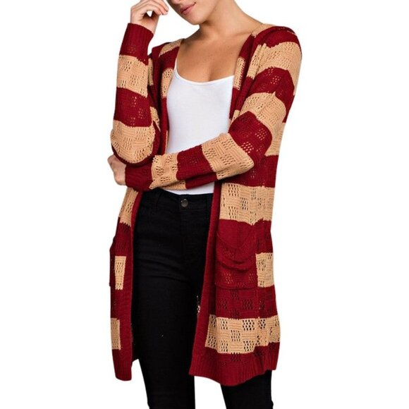 Open Knitted Striped Hooded Cardigan w/ Pockets - Picture 1 of 11